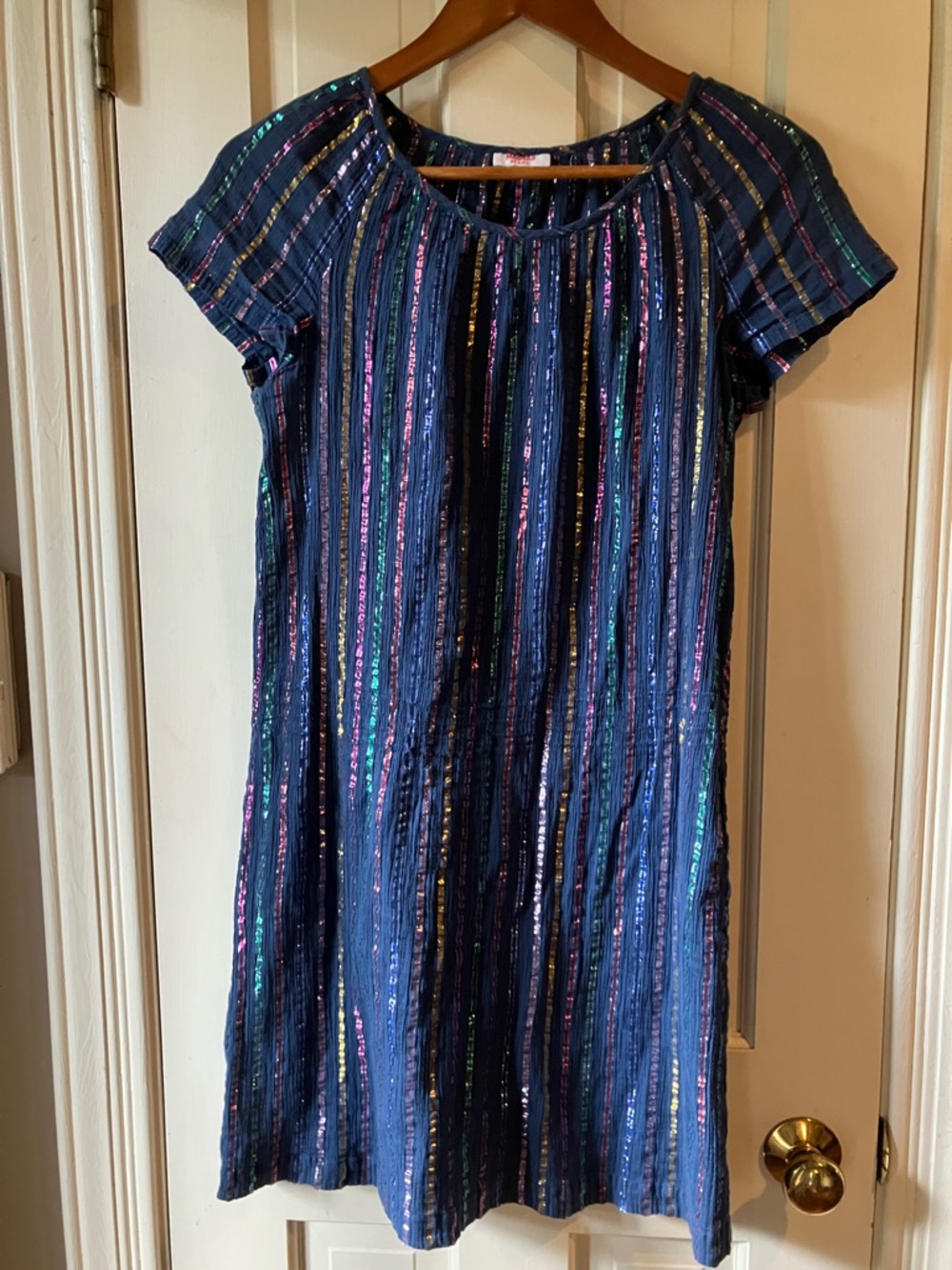 MADRAS BY APC Lurex rainbow metallic stripe navy semi-sheer cotton dress
